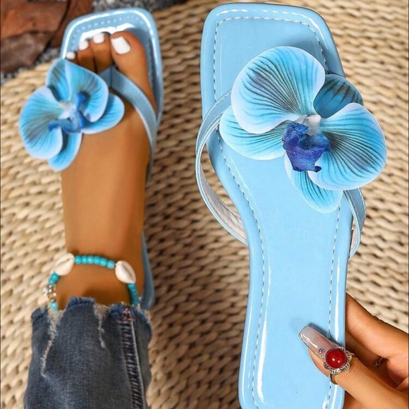 Size European Women Fake Flower Decor Square Toe Flat Slip On Sandals, Summer
